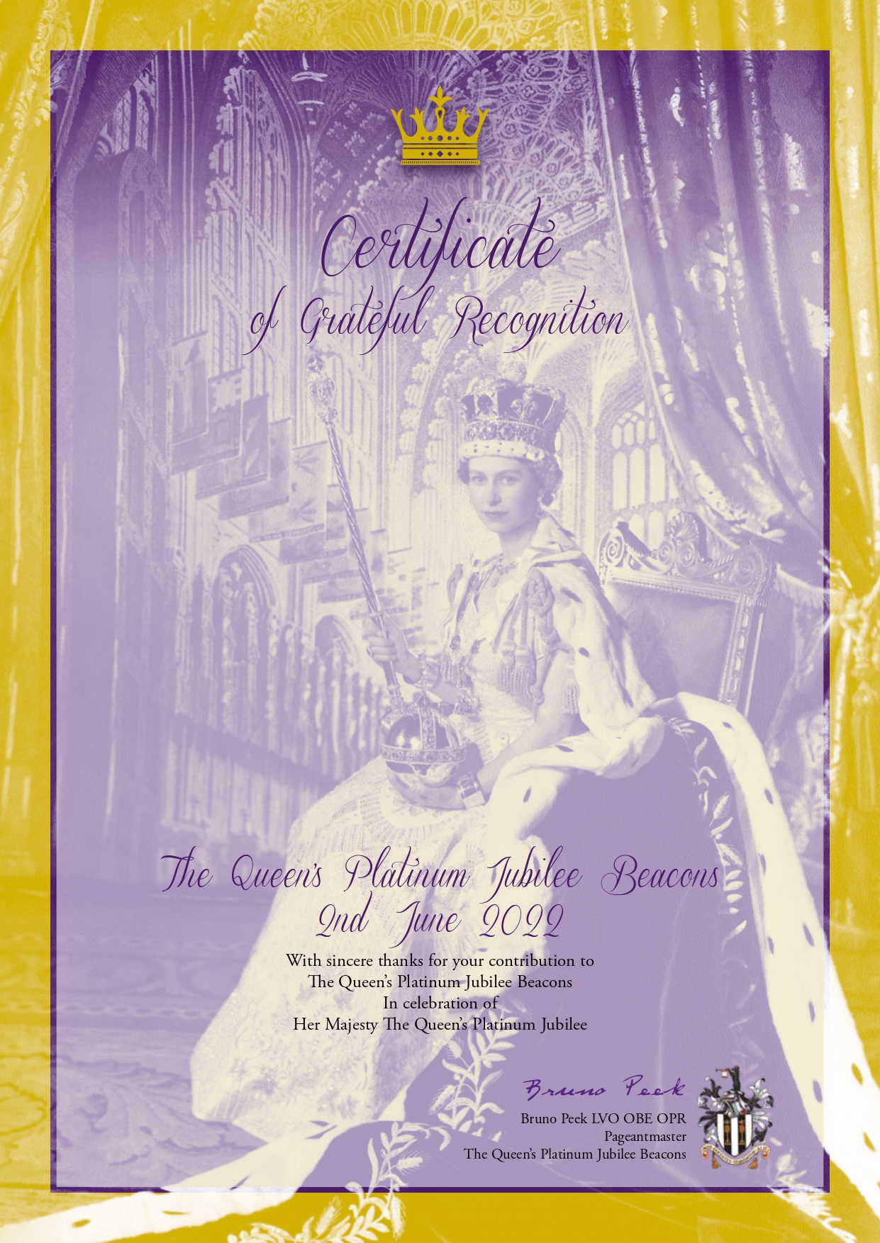 Platinum jubilee certificate of recognition